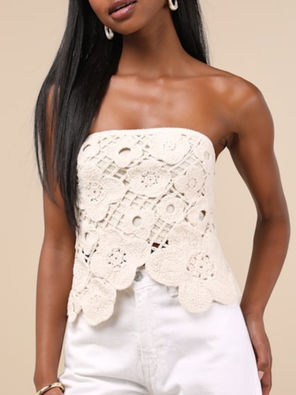 Lulus Envied Attitude Beige Crochet Strapless Crop Top - Size XS